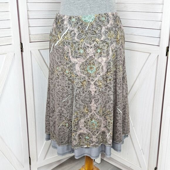Zoe D Tiered Layer Damask Print Knit A Line Skirt Grey Pink Small Y2K Boho - Picture 4 of 12